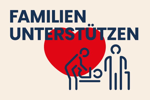 wahlziel-familien Rotes Herz mit den Symbolen einer Person, die ein Baby wickelt und einer Person mit Gehstock